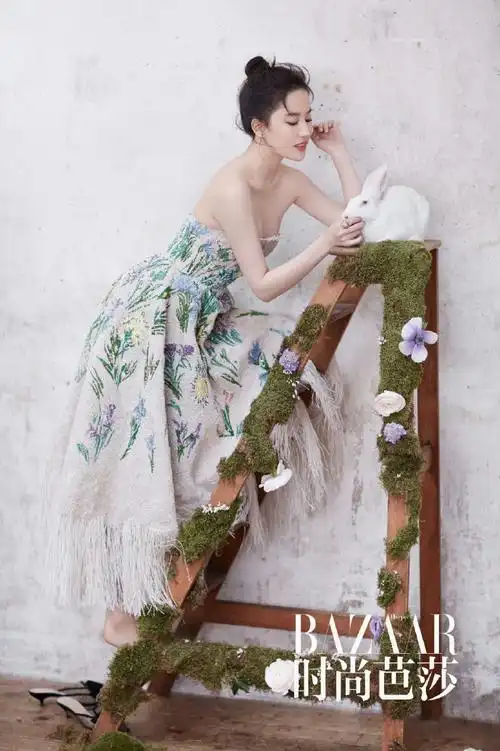 刘亦菲抹胸蝴蝶结粉裙#图刘亦菲时尚芭莎封面