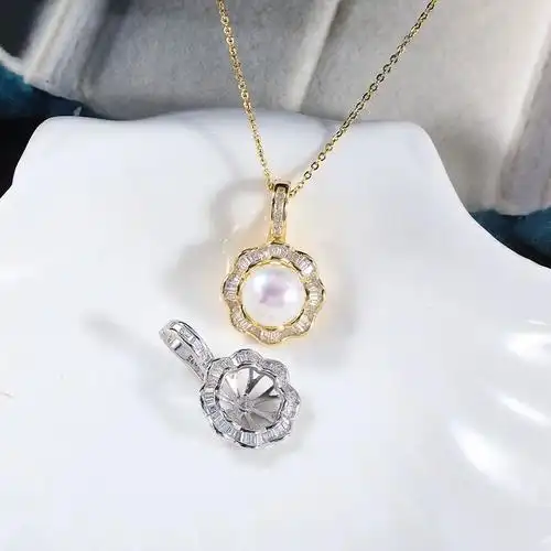 太阳花项链diy珍珠配件s925纯银花型珍珠吊坠项坠空托奢华时尚