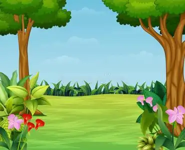 漫画关于自然地点和美丽的公园草原上有狼的卡通童话场景和不同人物的