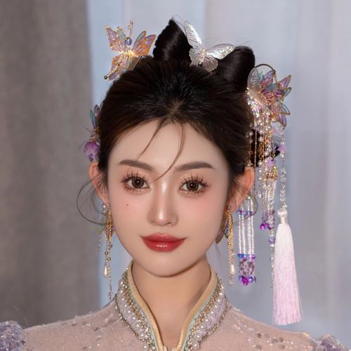 新中式新娘造型头饰 紫色蝴蝶 流苏发圈 发簪子秀禾旗袍古装发饰