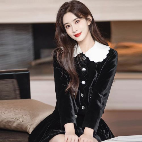 孟子义同款气质女神范秋装2022小香风两件套小黑裙秋季连衣裙1131