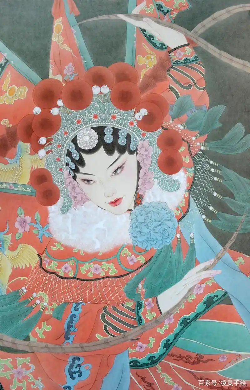 手绘工笔画美人-刀马旦