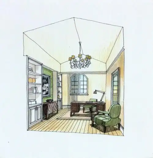 现代简约风格别墅样板间书房手绘效果图