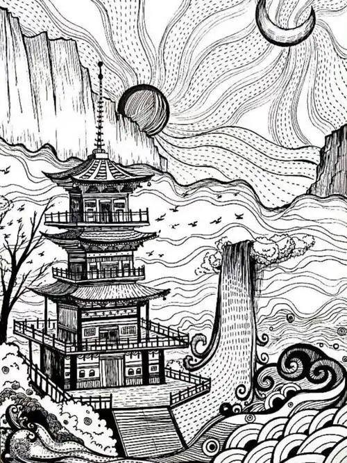 手绘  #线描  #黑白线描画  #线描风景