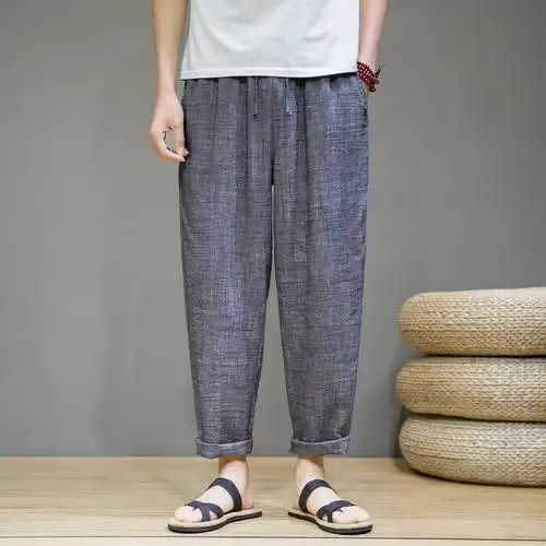 亚麻裤子男宽松薄款休闲裤潮夏季男士棉麻裤子哈伦裤韩版潮流帅气