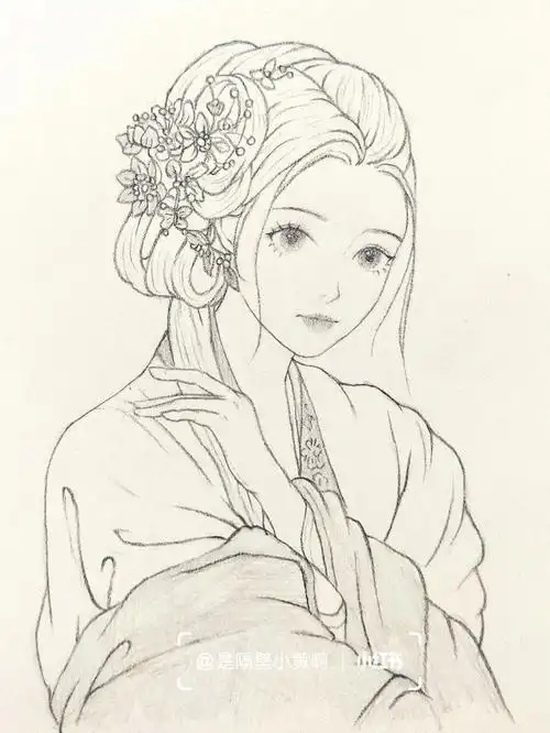 画一个#手绘教程  ##少女线稿  #线稿  #古风手绘  #古风线稿人像