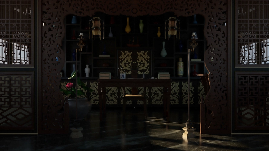 中国古代宫廷建筑模型室内书房部分_世界也在发威作品_场景/空间/建筑