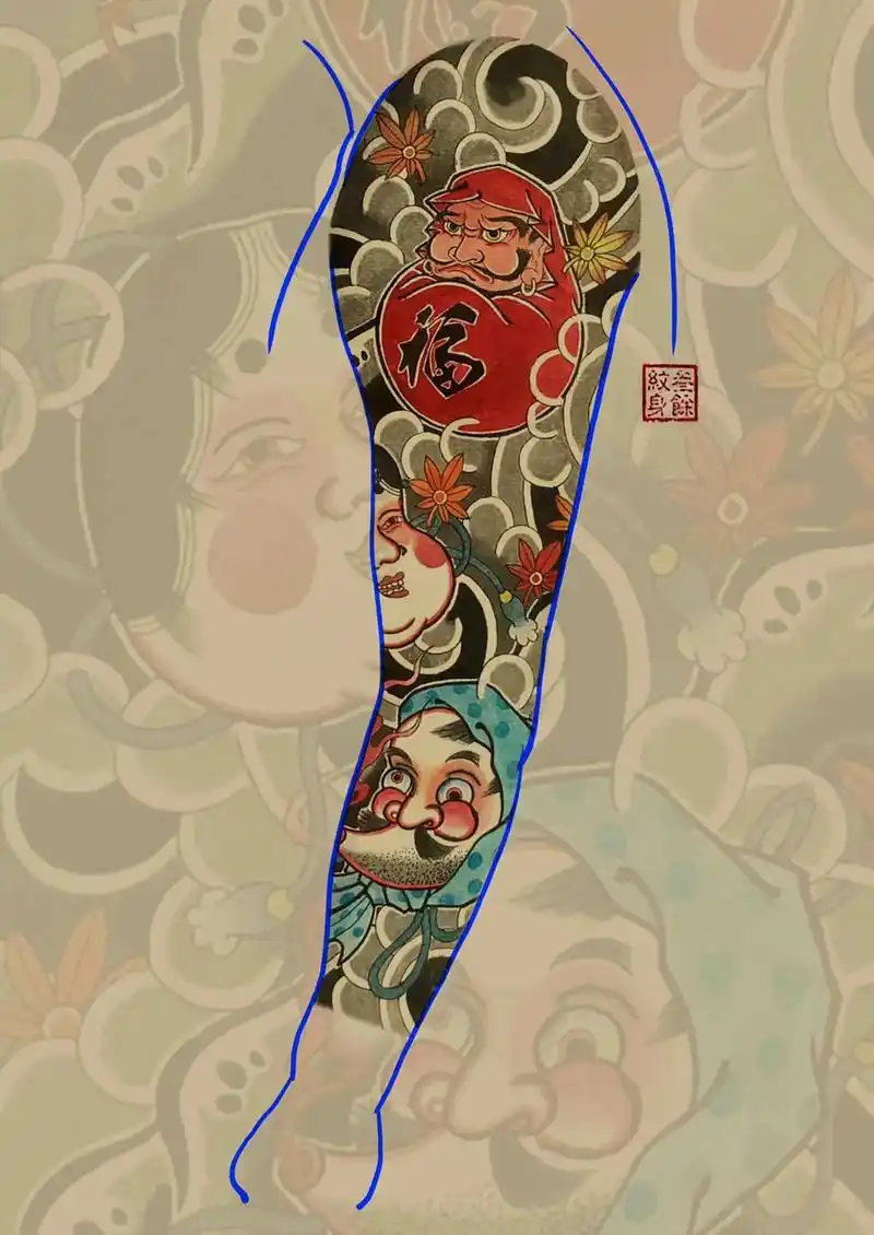 老传统阿多福达摩蛋花臂纹身手稿,一人一图#杭州日式老传统花臂 - 抖