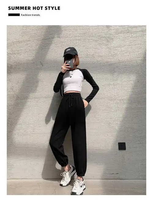 华夫格运动裤女春秋薄款2023新款纯棉宽松小个子显瘦束脚休闲卫裤