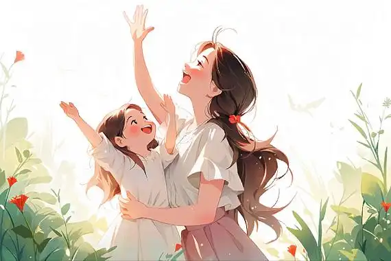 母亲和女孩开心挥手卡通唯美ai插画妈妈和女儿开心相拥3d卡通ai插画