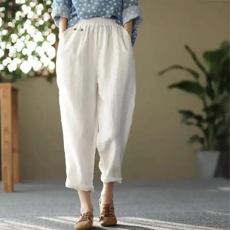 薄款白色亚麻休闲九分裤女宽松大码百搭松紧.