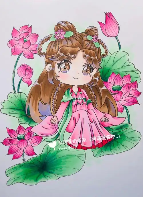荷花女孩动漫03古装q版女生马克笔手绘