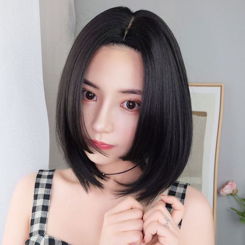 公主切假发女短发短直发发中分网红全头套式黑色姬发式圆脸假发套