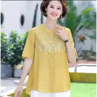 米翡莱中老年衬衫女夏款寸衬衣妈妈夏天夏装棉麻上衣新款宽松大码棉