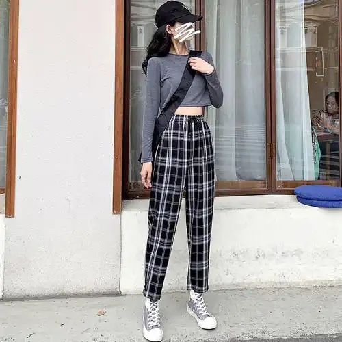小个子格子裤女秋季2020年新款高腰显瘦宽松直筒休闲裤