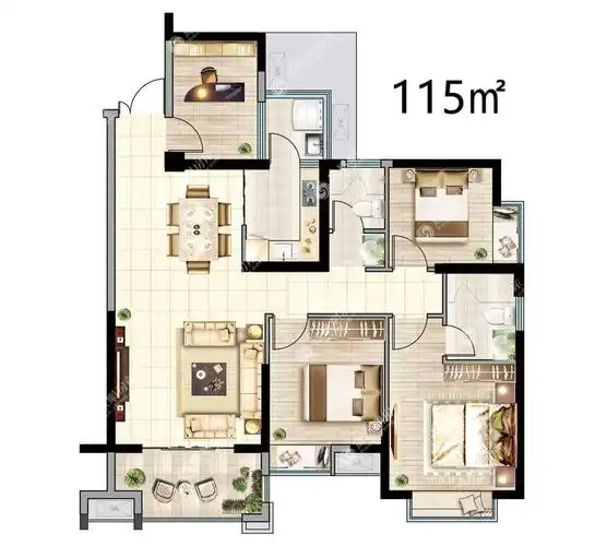 华夏天玺c2户型:115㎡3房2厅2卫户型图