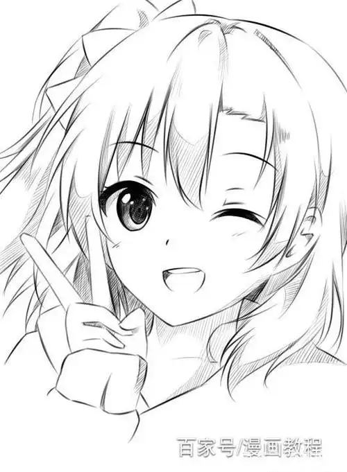 手绘教程:教你画一个剪刀手萌妹子漫画,学会给你的女票也一幅吧动漫