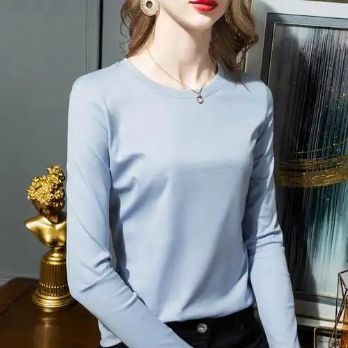 纯棉白色长袖t恤女打底衫2022年秋冬新款丝光棉高品质内搭v领上衣