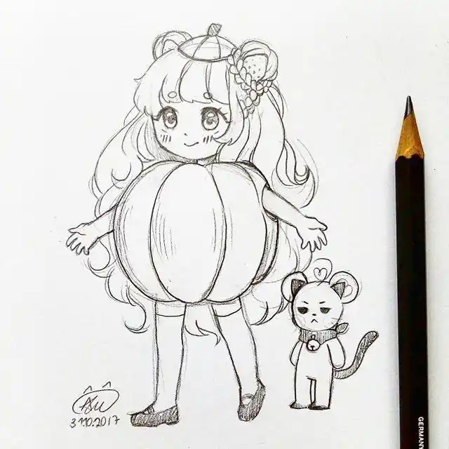 二次元黑白线稿插画女,超可爱的二次元美少女图片