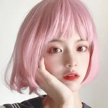 短发bobo头学生齐肩短直修圆脸可爱网红个性锁骨内扣发套浅粉色小梳子