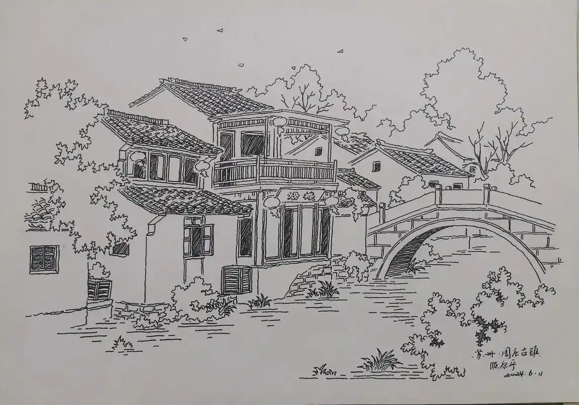 苏州.周庄古镇#黑白线描画 #跟着汤向学画画#风景写生 #原 - 抖音