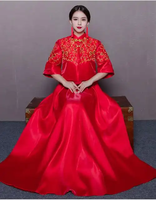 秀禾服2019新款中式婚纱礼服红色旗袍长款龙凤褂新娘结婚敬酒服女