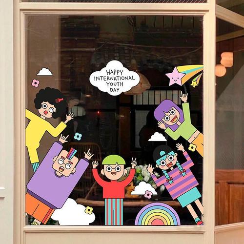 网红小红书卡通人物插画贴纸 店铺玻璃门ins风橱窗卡通可爱装饰