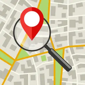 带放大镜的城市地图.地图搜索的平面横幅.