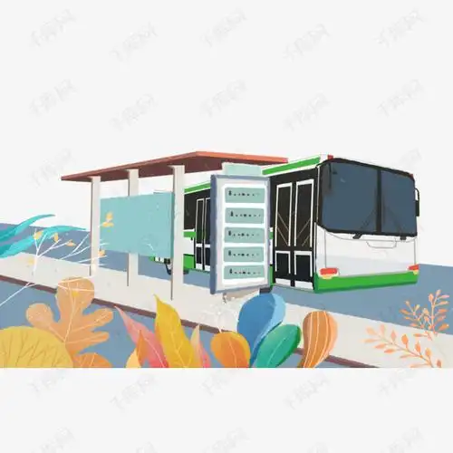 手绘卡通城市公共设施公交站绿色大巴插画免扣元素