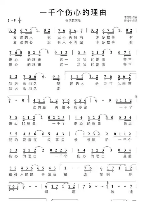 一千个伤心的理由智能简谱张学友演唱_简谱_曲谱_听懂音律