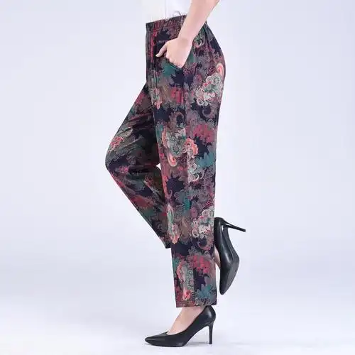 中老年女棉绸九分裤裤子夏薄款妈妈人造棉裤九分长裤宽松加肥加大绵绸