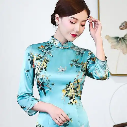 xgt-q9361真丝七分袖复古中国风中长款日常改良旗袍