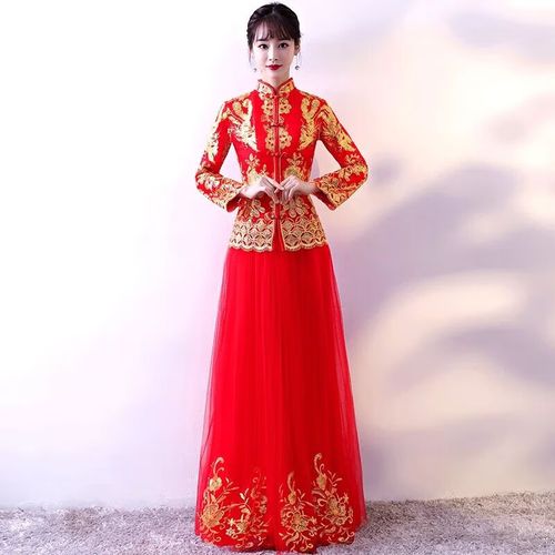 宁述秀禾服新娘2024新款夏季结婚礼服女中式敬酒服旗袍长袖红色龙凤褂