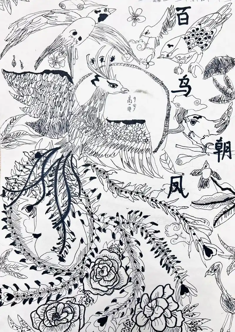 盛绘艺术线描工作室,《百鸟朝凤》#线描 - 抖音