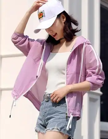 夏季宽松连帽服短款薄外套开衫户外运动遮阳衣女潮 紫粉色 xl