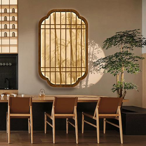 中式假窗户亚克力发光灯箱竹影植物叶子花窗茶室养生馆小轩窗装饰