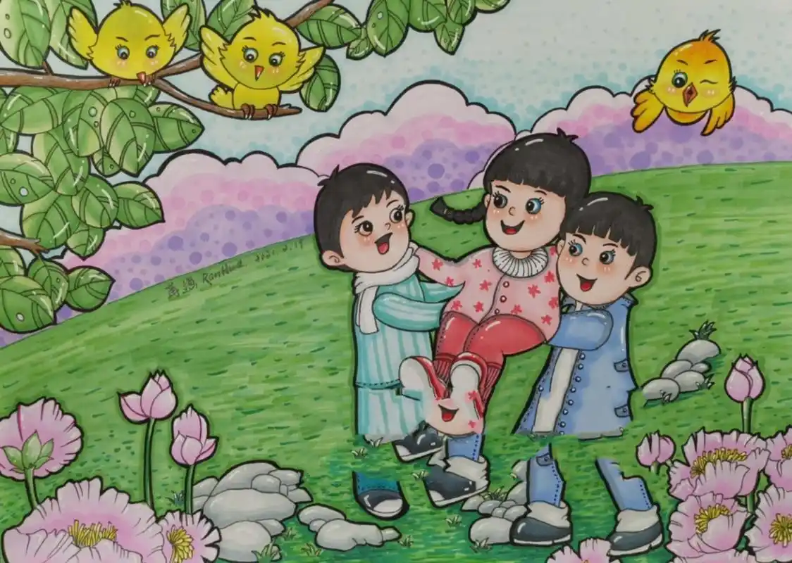 马克笔儿童画 好朋友 三个好朋友女孩一起玩耍 工具: a4白卡纸   樱花