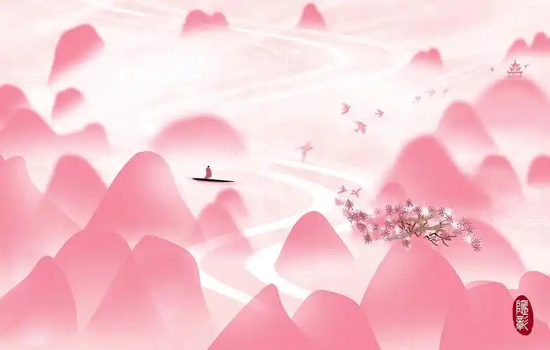 古风意境插画古建筑凉亭汉服女子春天桃花水墨山水