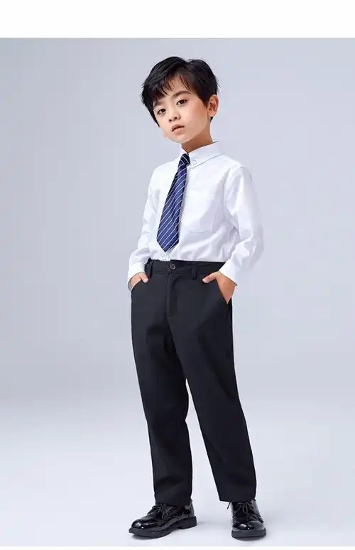 小学生主持演出校服西裤套装913岁白色衬衫有口袋有领扣紫色领结170cm