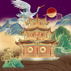 仙鹤,建筑楼阁,云,山,古风