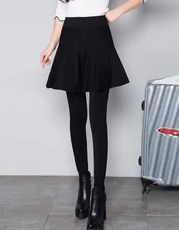 假两件打底裤裙女冬加绒加厚外穿带裙裤女秋冬季穿裙子的高腰套 黑色