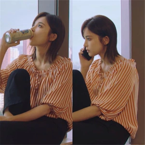 风暴舞古力娜扎周子萱同款橙色衬衫条纹五分袖洋气简约百搭上衣女