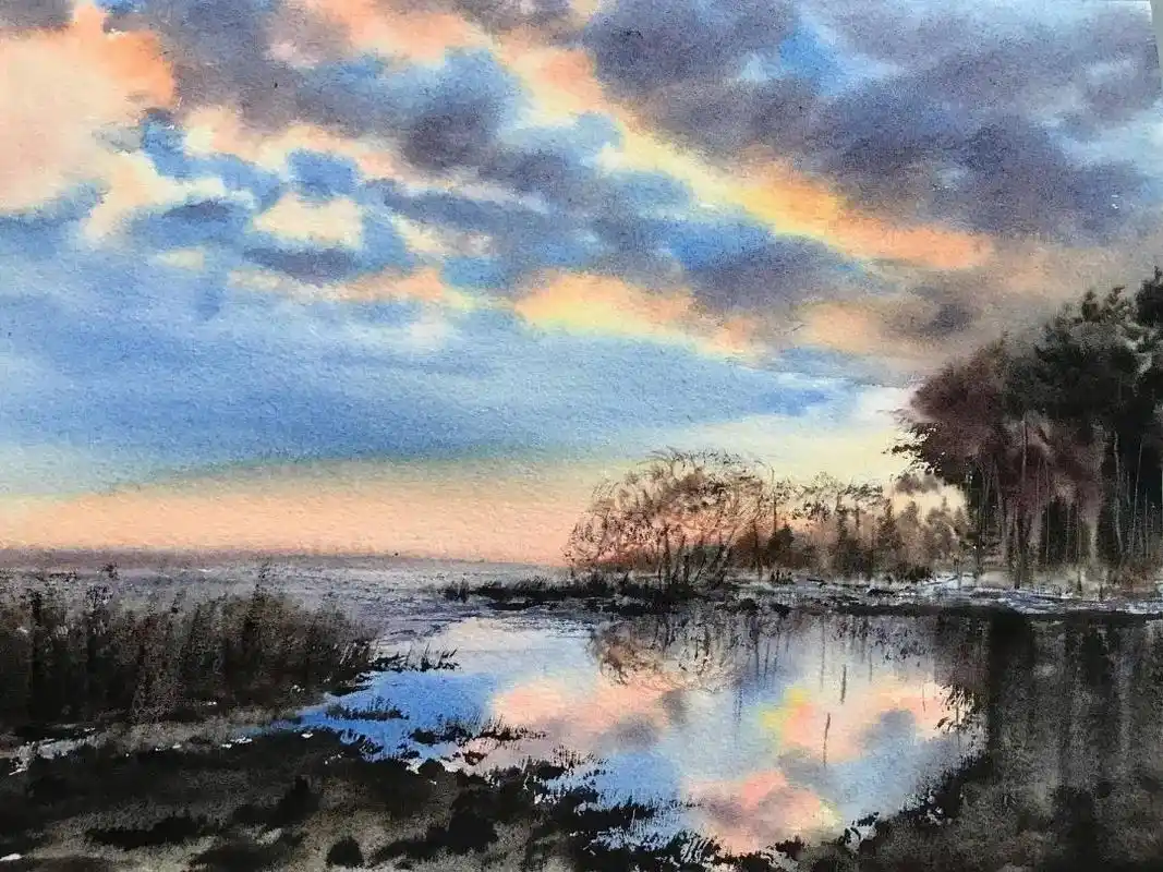 水彩|水彩风景 黄昏晚霞 水天一色 天空 水面的刻画 艺术家Марин