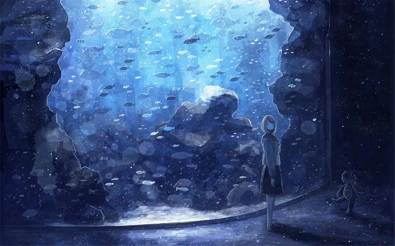 蓝色水族馆女孩唯美意境动漫电脑桌面壁纸