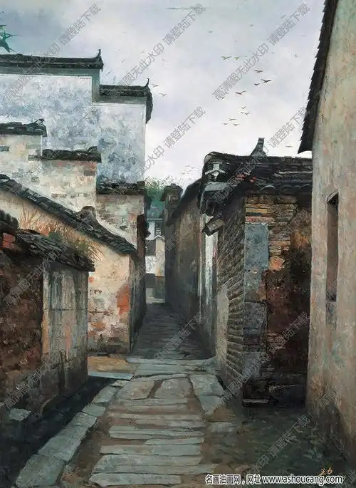 王力油画古镇小街高清大图下载