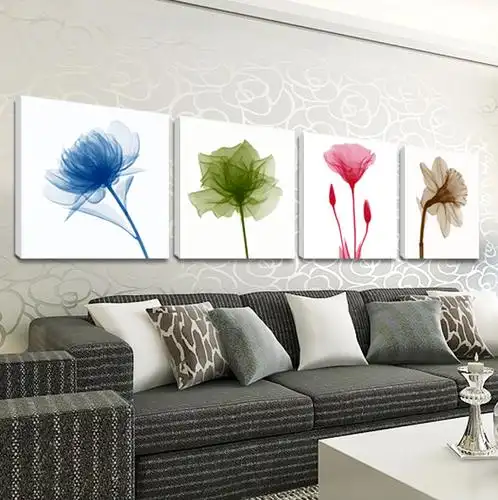 客厅装饰画 现代简约三联壁画 沙发背景墙挂画透明花卧室无框画