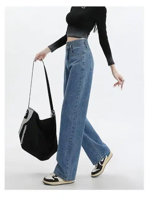 时尚个性双扣高腰直筒牛仔裤女春秋季新款宽松休闲阔腿拖地牛仔裤