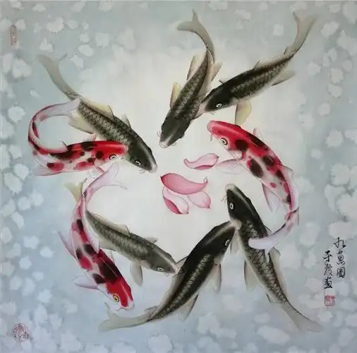 当代著名画鱼画家于度九鱼图欣赏