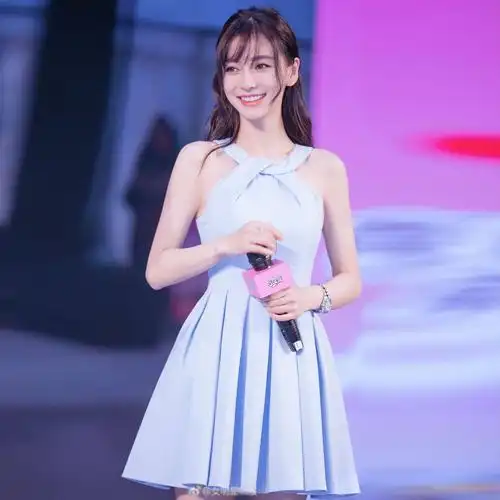 2018夏季新款女装甜美a字挂脖小礼服baby杨颖同款露肩雪纺连衣裙