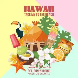 夏威夷矢量旅行插图与彩色背景. 夏季模板. 海滩度假胜地.